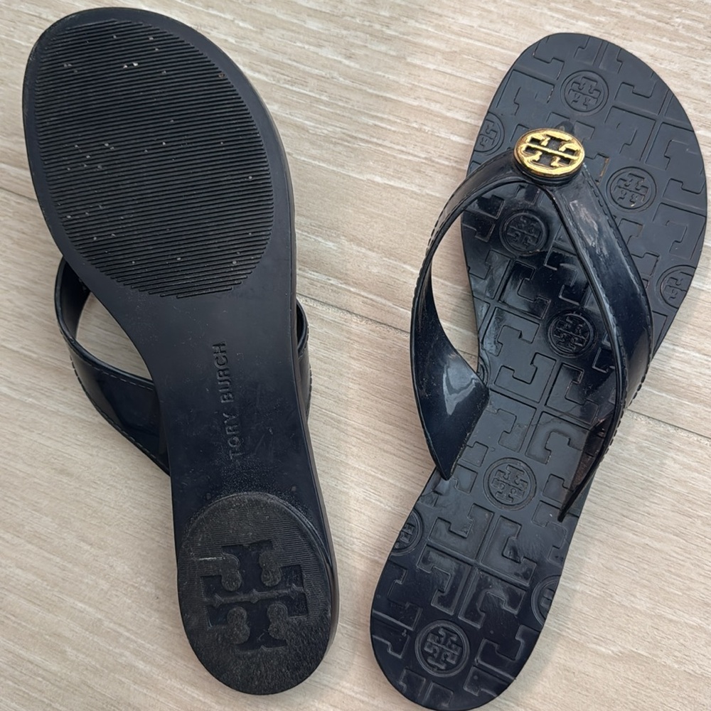 Tory Burch Black Flip Flops with Gold Logo - Picture 2 of 2